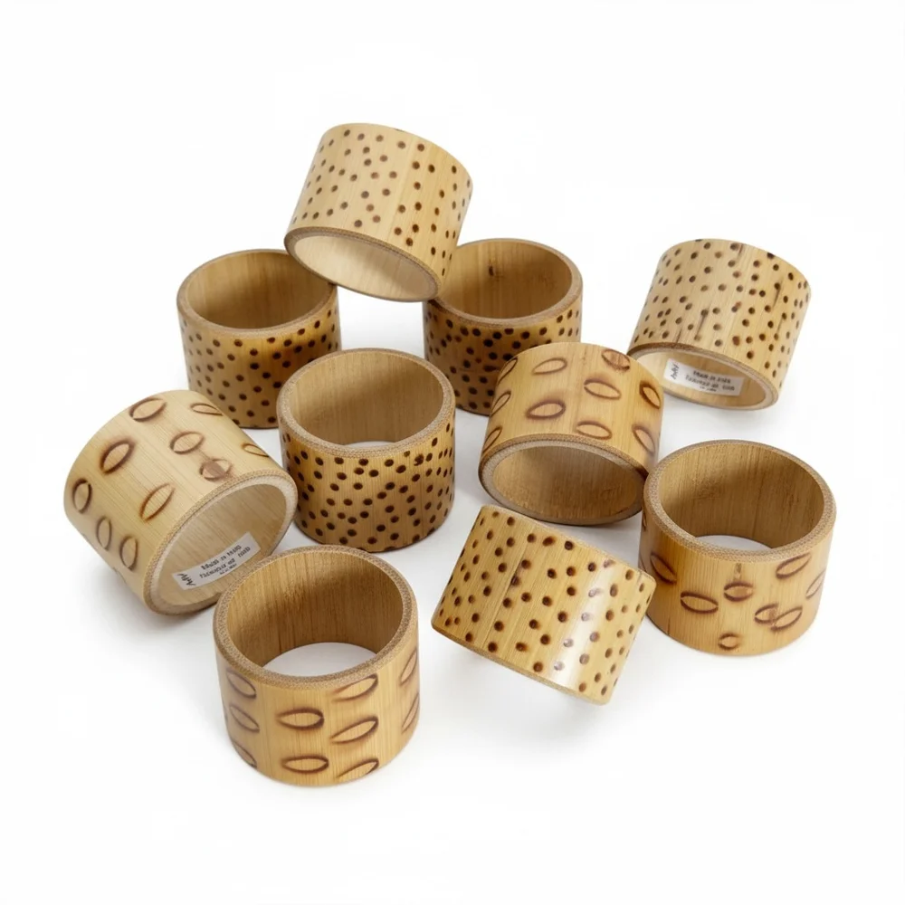 Rustic Tortoise Bamboo Style Napkin Rings - Dotted Natural Wood Tropical Table
